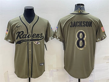 Baltimore Ravens #8 Lamar Jackson Olive 2022 Salute to Service Baseball Jersey