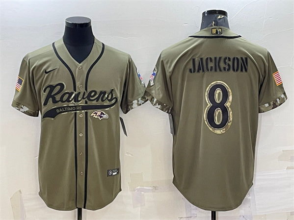 Baltimore Ravens #8 Lamar Jackson Olive 2022 Salute to Service Baseball Jersey
