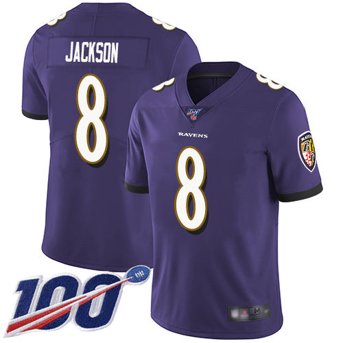 Baltimore Ravens #8 Lamar Jackson Purple 2019 100th Season Jersey