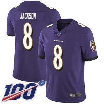 Baltimore Ravens #8 Lamar Jackson Purple 2019 100th Season Jersey