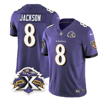 Baltimore Ravens #8 Lamar Jackson Purple 2023 FUSE With Patch Throwback Jersey