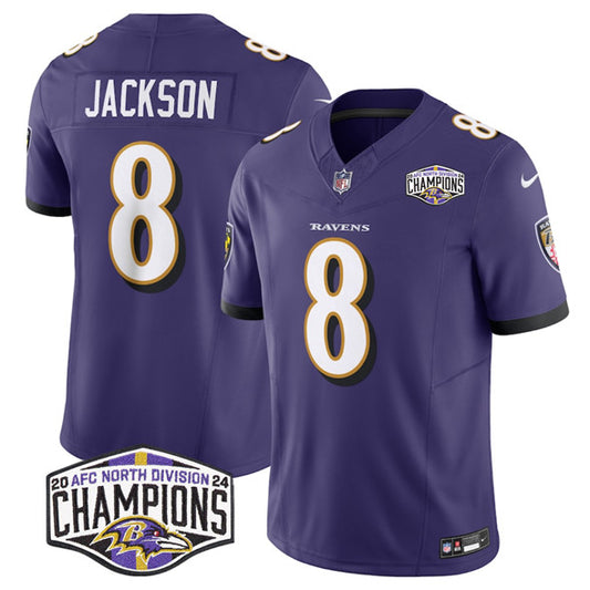 Baltimore Ravens #8 Lamar Jackson Purple FUSE 2024 AFC North Division Champions Jersey