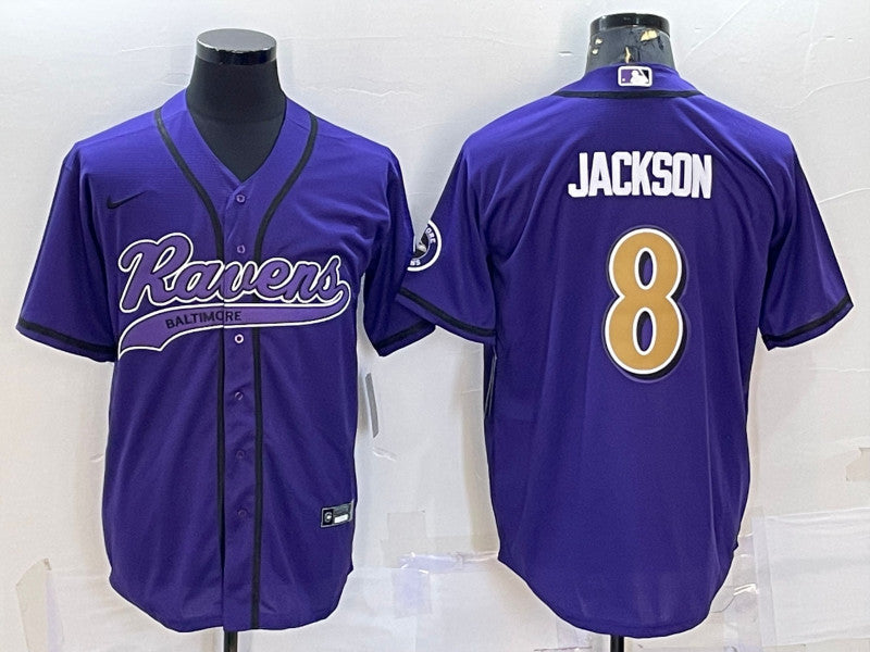 Baltimore Ravens #8 Lamar Jackson Purple Gold With Patch Baseball Jersey
