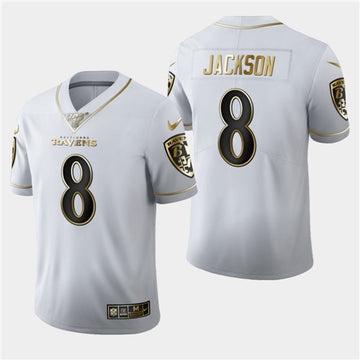 Baltimore Ravens #8 Lamar Jackson White 2019 100th Season Golden Edition Jersey