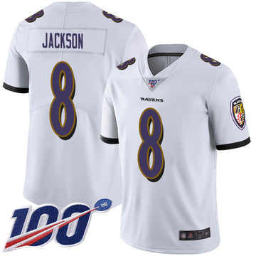 Baltimore Ravens #8 Lamar Jackson White 2019 100th Season Jersey