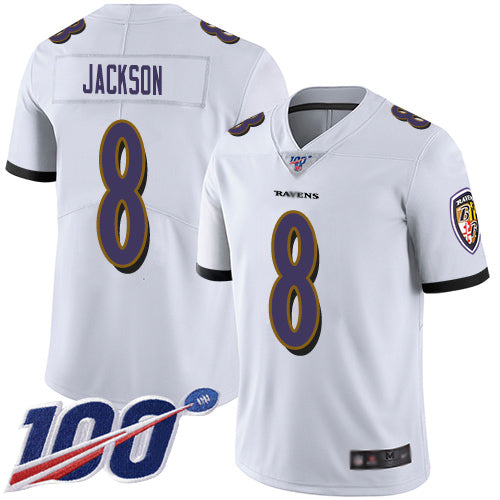 Baltimore Ravens #8 Lamar Jackson White 2019 100th Season Jersey