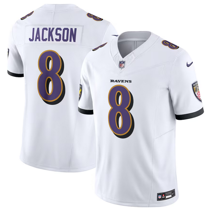 Baltimore Ravens #8 Lamar Jackson White 2023 FUSE Jersey