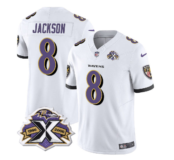 Baltimore Ravens #8 Lamar Jackson White 2023 FUSE With Patch Throwback Jersey