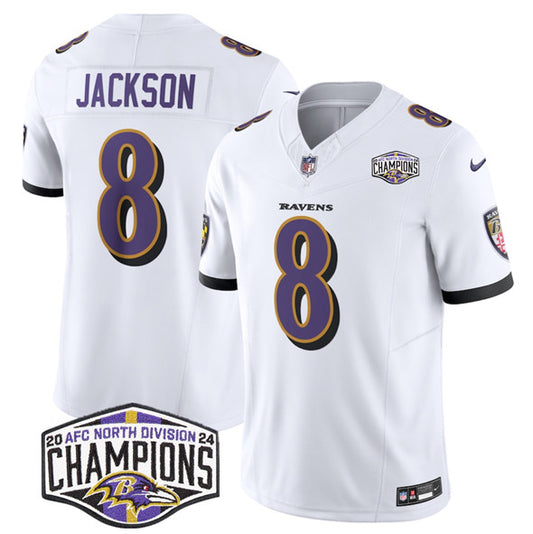 Baltimore Ravens #8 Lamar Jackson White FUSE 2024 AFC North Division Champions Jersey