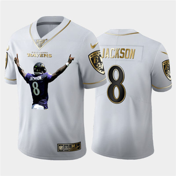 Baltimore Ravens #8 Lamar Jackson White Golden 100th Season Portrait Edition Jersey