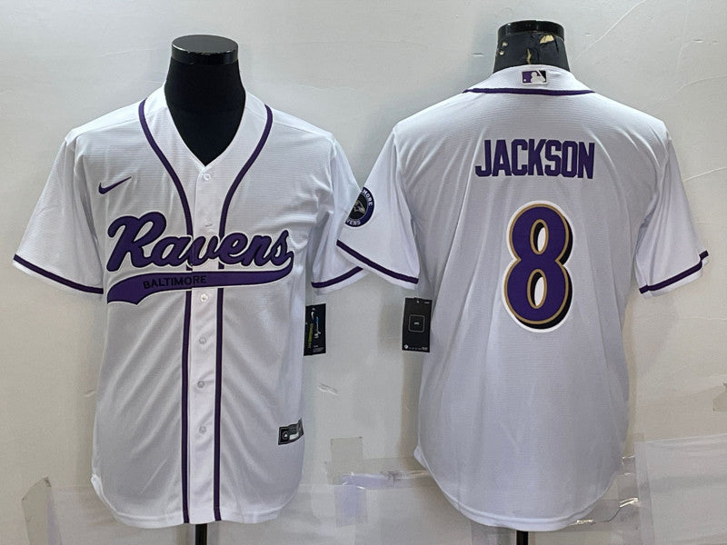 Baltimore Ravens #8 Lamar Jackson White With Patch Baseball Jersey