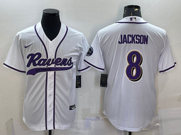 Baltimore Ravens #8 Lamar Jackson White With Patch Baseball Jersey