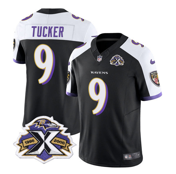 Baltimore Ravens #9 Justin Tucker Black-White 2023 FUSE With Patch Throwback Jersey