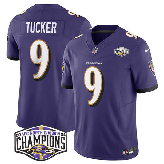 Baltimore Ravens #9 Justin Tucker Purple FUSE 2024 AFC North Division Champions Jersey