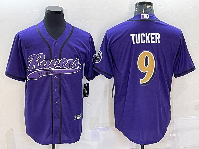 Baltimore Ravens #9 Justin Tucker Purple Gold With Patch Baseball Jersey