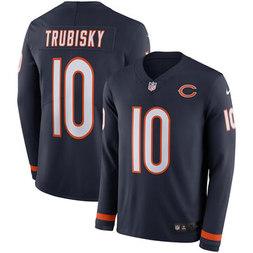 Bears #10 Mitchell Trubisky Navy Therma Long Sleeve Jersey