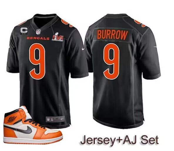 Bengals #9 Joe Burrow 2022 Black With C Patch Super Bowl LVI Game Jersey + AJ 1 Shoes