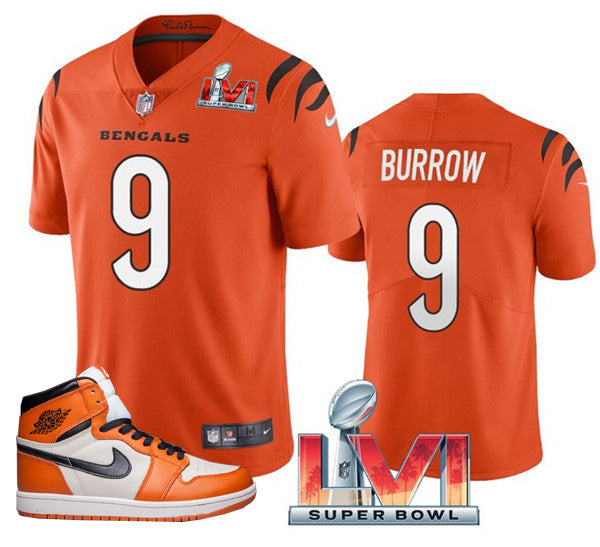 Bengals #9 Joe Burrow 2022 Orange Super Bowl LVI Jersey + AJ 1 Shoes