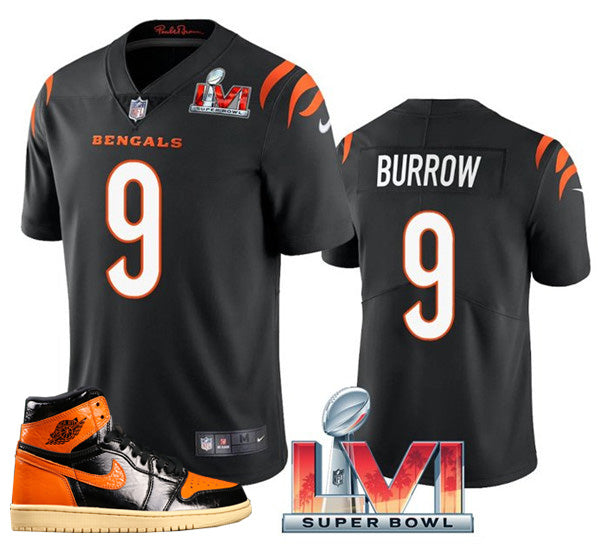 Bengals #9 Joe Burrow Black 2022 Super Bowl LVI Jersey + AJ 1 Shoes