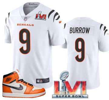Bengals #9 Joe Burrow White 2022 Super Bowl LVI Jersey + AJ 1 Shoes