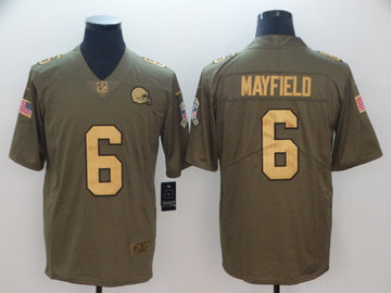 Browns #6 Baker Mayfield Gold Anthracite Olive Salute To Service Jersey