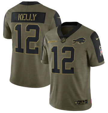 Buffalo Bills #12 Jim Kelly 2021 Olive Salute To Service Jersey