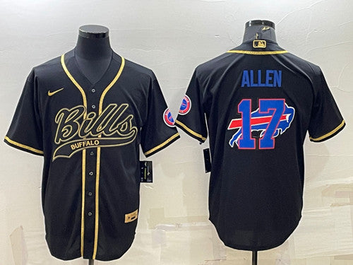 Buffalo Bills #17 Josh Allen Black Gold Team Big Logo With Patch Baseball Jersey