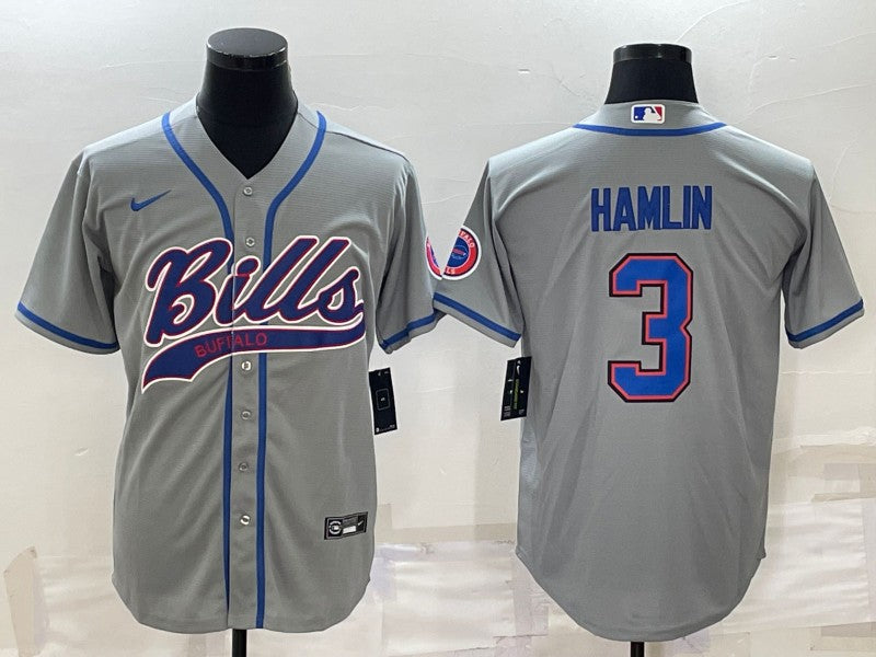 Buffalo Bills #3 Damar Hamlin Gray With Patch Baseball Jersey