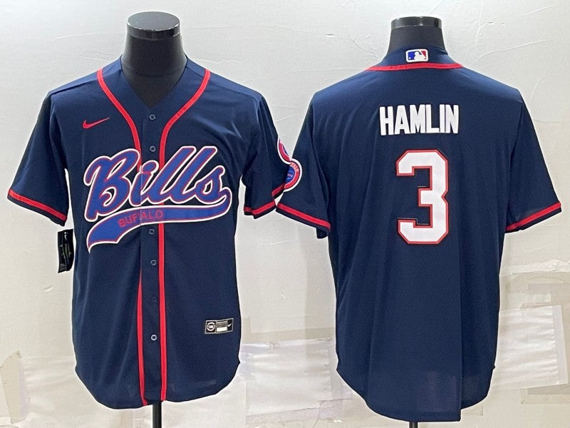 Buffalo Bills #3 Damar Hamlin Navy With Patch Baseball Jersey