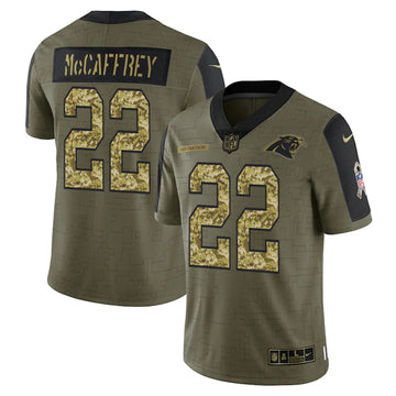 Carolina Panthers #22 Christian McCaffrey 2021 Olive Camo Salute To Service Jersey