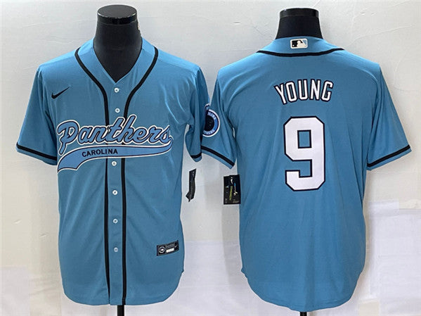 Carolina Panthers #9 Bryce Young Blue With Patch Baseball Jersey