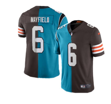 Carolina Panthers & Cleveland Browns #6 Baker Mayfield Splite Blue&Brown Jersey