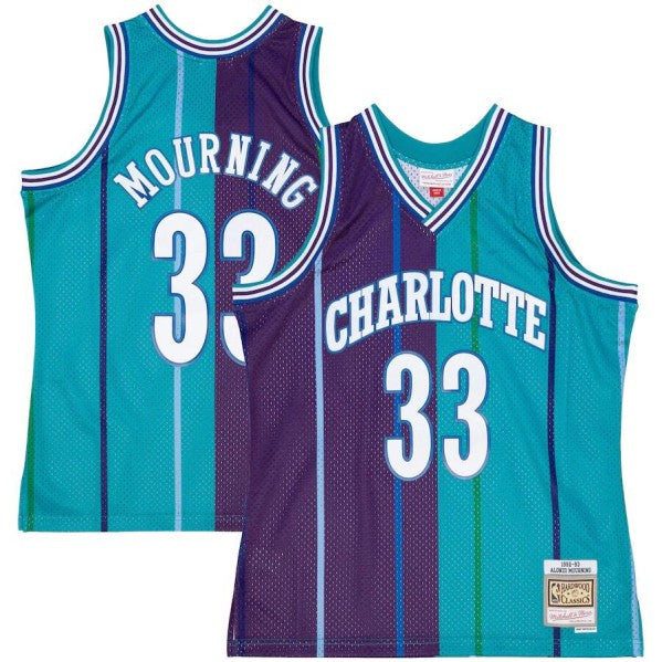 Alonzo Mourning Charlotte Hornets teal-purple Split jersey