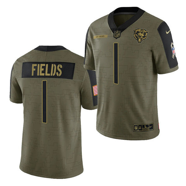 Chicago Bears #1 Justin Fields 2021 Olive Salute To Service Jersey