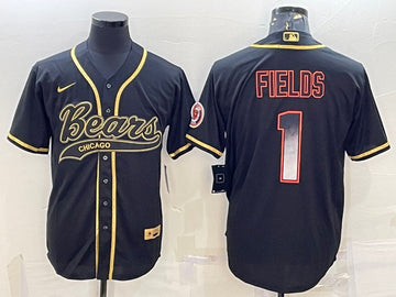 Chicago Bears #1 Justin Fields Black Gold With Patch Baseball Jersey