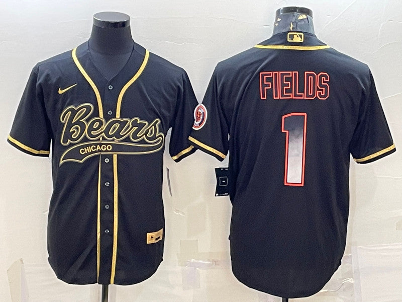 Chicago Bears #1 Justin Fields Black Gold With Patch Baseball Jersey