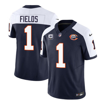 Chicago Bears #1 Justin Fields Navy-White 2023 FUSE With 1-star C PatchThrowback Football Game Jersey