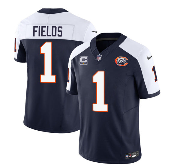 Chicago Bears #1 Justin Fields Navy-White 2023 FUSE With 1-star C PatchThrowback Football Game Jersey