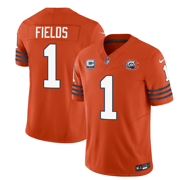 Chicago Bears #1 Justin Fields Orange 2023 FUSE With 1-star C Patch Throwback Football Game Jersey