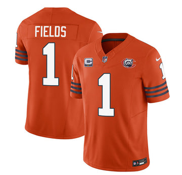 Chicago Bears #1 Justin Fields Orange 2023 FUSE With 1-star C Patch Throwback Football Game Jersey
