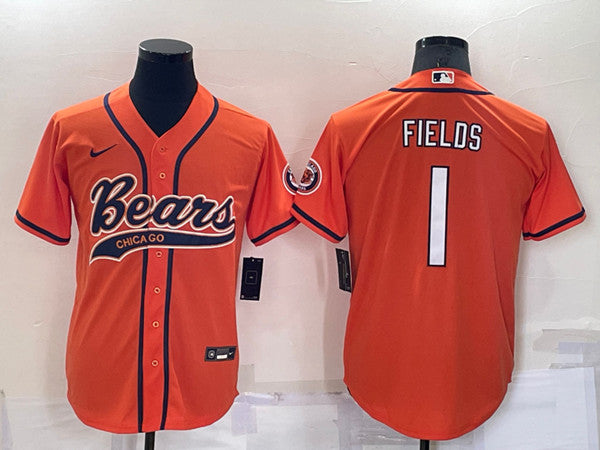 Chicago Bears #1 Justin Fields Orange Baseball Jersey