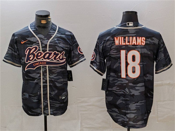 Chicago Bears #18 Caleb Williams Grey Camo With Patch Baseball Jersey