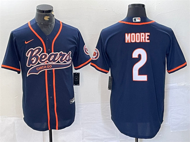 Chicago Bears #2 DJ Moore Navy With Patch Baseball Jersey
