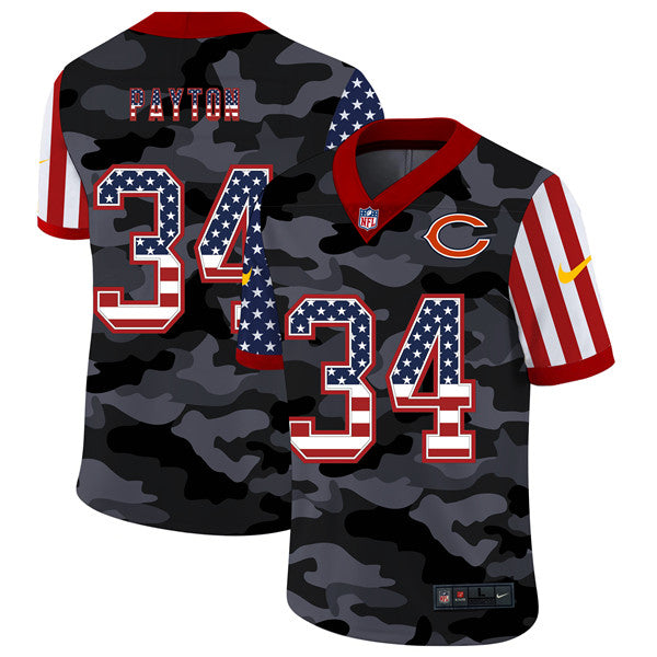 Chicago Bears #34 Walter Payton 2020 Camo USA Flag Jersey