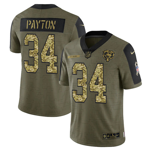 Chicago Bears #34 Walter Payton 2021 Olive Camo Salute To Service Jersey