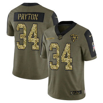 Chicago Bears #34 Walter Payton 2021 Olive Camo Salute To Service Jersey
