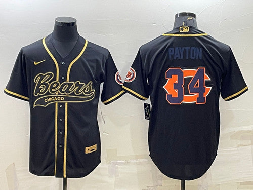 Chicago Bears #34 Walter Payton Black Gold Team Big Logo With Patch Baseball Jersey