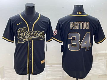 Chicago Bears #34 Walter Payton Black Gold With Patch Baseball Jersey