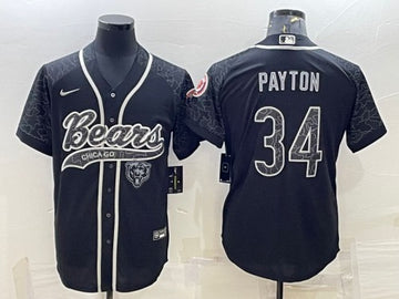 Chicago Bears #34 Walter Payton Black Reflective With Patch Baseball Jersey