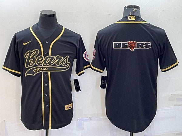 Chicago Bears Black Gold Team Big Logo With Patch Baseball Jersey